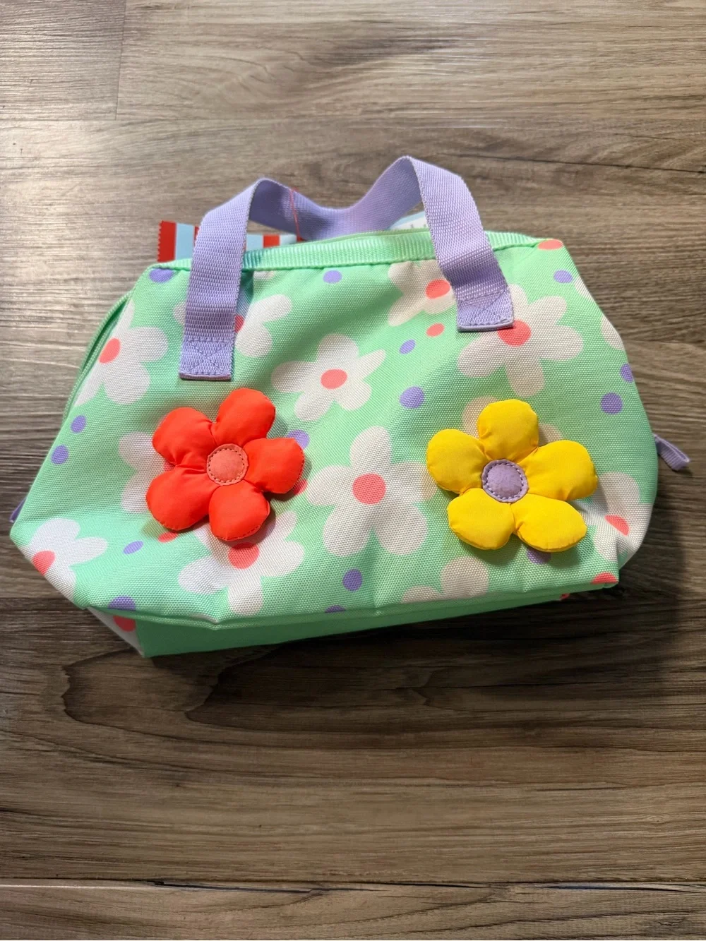 Mint Green Floral Lunch Tote with Lavender Handles